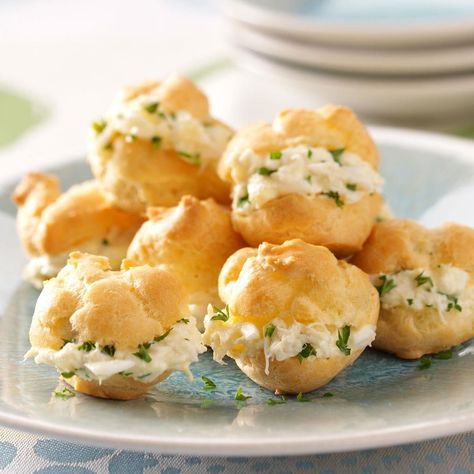 I received this recipe years ago from my grandmother. She also told me to have fun being creative and experimenting in the kitchen. My friends request these little puffs at every gathering. —Jean Bevilacqua, Rhododendron, Oregon Crab Puffs Recipe, Crab Puffs, Shrimp Cakes, Mac And Cheese Bites, Toasted Ravioli, Crostini Recipes, Crab Cake, Puff Recipe, Appetizers Easy Finger Food