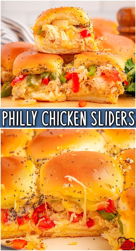 PHILLY CHICKEN SLIDERS - Butter with a Side of Bread Philly Sliders, Chicken Sliders Recipes, Smoked Meatloaf Recipe, Chicken Parmesan Sliders, Sliders Recipes Chicken, Grilled Tilapia, Sauteed Peppers And Onions, Fried Plantains, Homemade Bread Recipes Easy