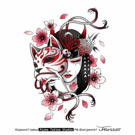 Japanese Tattoos Kitsune, Kitsune Drawing Sketch, Geisha Kitsune Tattoo, Japan Girl Tattoo, Japanese Kitsune Tattoo, Kitsune Tattoo Design, Kitsune Woman, Kitsune Drawing, Kitsune Mask Tattoo