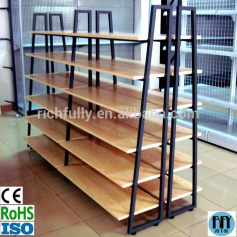 Wooden Racks Shelves, Wooden Racks Display For Shop, Shelves Grocery Store, Supermarket Rack Design, Supermarket Shelves Design, Wooden Shelf Design, Store Shelves Design, Shop Shelving, Supermarket Shelves