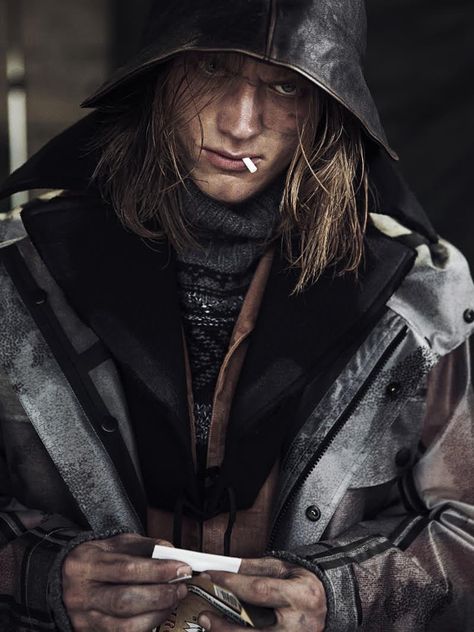 Enzo wears brown denim coat Prada, grey hooded coat and turtleneck Belstaff. Brown Denim, Cyberpunk Aesthetic, Human Reference, Fantasy Photography, Face Reference, Foto Poses, 인물 사진, Hooded Coat, Denim Coat