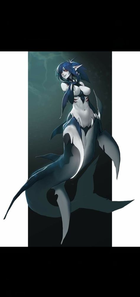 Shark girl grey black Shark People Dnd, Fantasy Shark Monster, Humanoid Shark Art, Shark Mermaid Art, Shark Woman Art, Great White Shark Mermaid, Shark Mermaid Character Design, Shark Character Art, Siren Oc Female