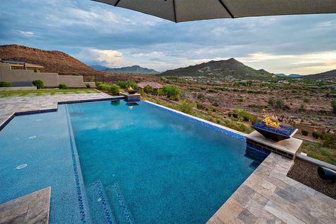 Pool With Fire Bowls, Vanishing Edge Pool, Edge Pool, Pool Finishes, Blue Granite, Pools Backyard, White Pebbles, Blue Pool, Earthy Brown