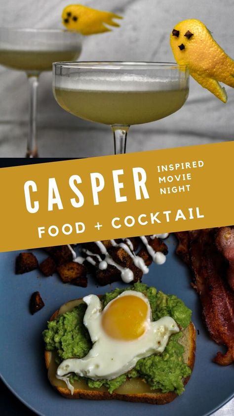 casper movie night food and cocktail | casper themed recipes | casper recipes | white lady cocktail | casper egg Casper Dinner And A Movie, Casper Themed Movie Night, Casper Themed Food, Casper Movie Night, Casper Movie Night Food, Halloween Dinner And A Movie, Halloween Movie Night Food, Ghost Dinner, Casper Movie