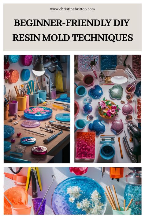 Beginner-friendly DIY resin molds displayed with colorful tools and materials on a workbench. Step By Step Resin Art, How To Make Resin Molds Diy, How To Do Resin Art Silicone Molds, Pouring Resin Into Molds, Epoxy Resin Tutorial, Ideas For Resin, Resin Marble Effect, Diy Resin Molds, Working With Resin