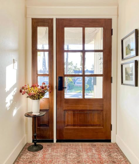 6 Pane Glass Front Door, Wooden Doors With Glass Modern, Front Door With Single Side Window, Frosted Glass Entry Door, Single Door With Sidelights, Wood Front Door With One Sidelight, Front Door Side Panel, Rustic Farmhouse Doors, Glass And Wood Front Door