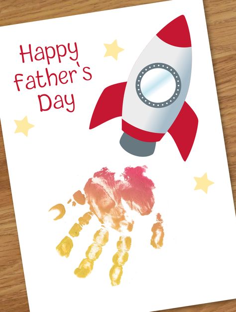 Rocket Handprint Cards - A rocket design for children to add their handprint as the fire to complete the picture. There are 6 text options included - Happy Father's Day, Happy Birthday, Thank you, Thank you for helping me soar, You're out of this world, and a 'Blank' version. There are 2 color options in each text - B&W, Pre-colored Handprint Cards, Rocket Design, Kids Printables, Kids Painting, Craft Kids, Fathers Day Card, Handprint Craft, Handprint Crafts, Father's Day Card