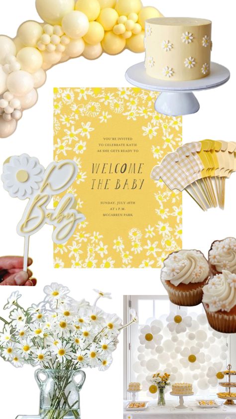 Think white, pastel and golden yellow, daisies. Daisy Baby Shower Theme, Daisy Theme, Daisy Baby Shower, Baby Shower Yellow, White Pastel, Yellow Baby, July 18th, Yellow Daisies, Pastel Yellow