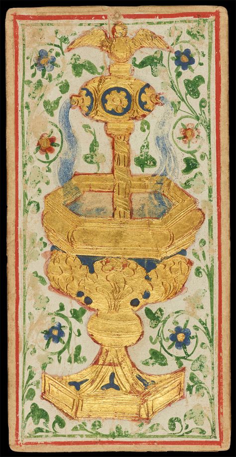 The Ace of Cups | Bonifacio Bembo for Visconti-Sforza Family | Medieval Tarot Cards | ca. 1450 | card no. 24 | The Morgan Library & Museum Tarot History, Medieval Tarot, The Ace Of Cups, Tarot Time, Ace Of Cups, Tarot Collection, Italy Milan, Morgan Library, Pentacles