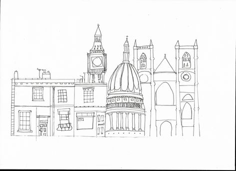 Basic Outline of London Skyline Fineliner London Simple Drawing, London Drawing Sketches, London Skyline Drawing Simple, London Line Art, London Skyline Drawing, St Pauls Cathedral London Sketch, Skyline Illustration, London Drawing, Flowers Paintings