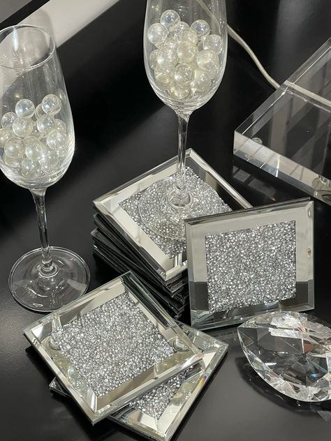 Glam Coffee Table, Silver Home Accessories, Mirror Coasters, Silver Coasters, Diamond Decor, Coffee Table Accessories, Glamour Decor, Crystal Coasters, Crushed Diamonds