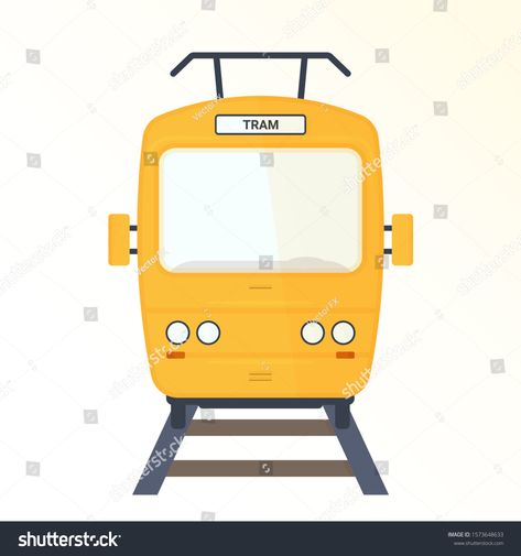 Yellow tram vector illustration. City public railway transport. Front view isolated on white background. Modern ecological electric train. Easy editable vector logo for tram stops and design. #Sponsored , #AFF, #transport#railway#Front#isolated Train Front View, School Props, Illustration City, Electric Train, Front View, Ecology, Vector Logo, Stock Vector, White Background