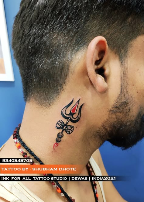 #TATTOOBY-SHUBHAMDHOTE #CLL-9340545705 #INKFORALL TATTOO STUDIO Trishul Tattoo For Neck, Mahadev Neck Tattoo, Shivji Trishul Tattoo, Shiv Neck Tattoo, Trishul Tattoo Designs Neck, Om Neck Tattoo Men, Trishul Neck Tattoo, Om Trishul Tattoo Design, Tettu Design Tattoo