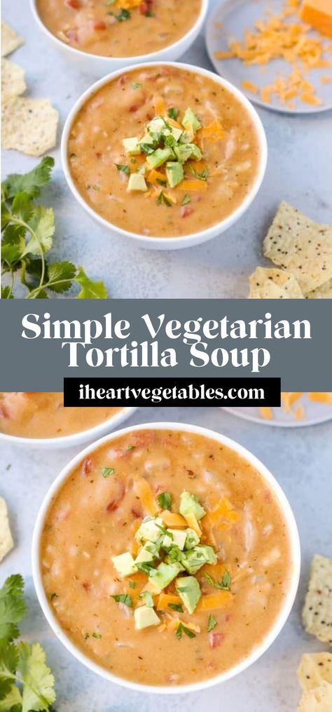 This cheesy vegetarian tortilla soup recipe is rich and creamy with tons of spicy flavor. This is a perfect side dish for tacos or enchiladas—and it only takes a few minutes to prepare! Cheesy Tortilla Soup, Cheesy Tortilla, Vegetarian Tortilla Soup, Taco Side Dishes, Veal Stew, Vegetarian Stew, Vegan Stew, Tortilla Soup Recipe, Vegetarian Soup Recipes