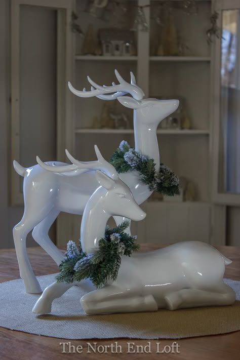 The North End Loft: Christmas In Our Dining Room Loft Christmas Decor, Deer Decorations, Christmas Deer Decorations, Natural Holiday Decor, Reindeer Decor, Christmas Reindeer Decorations, Silver Christmas Decorations, Deer Decor, Gold Christmas Decorations