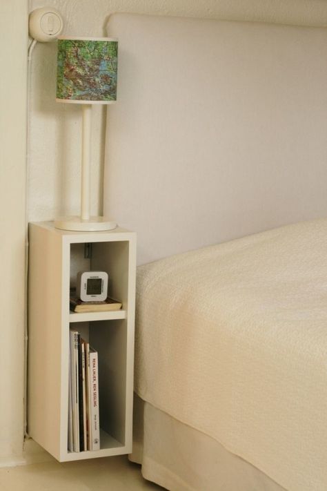 If you’re feeling crafty, you can DIY a tiny nightstand with storage. | 19 Genius Storage Ideas That'll Make Your Tiny Bedroom Feel Big Smart Bedroom, Nightstand Design, Small Nightstand, Small Bedside, Diy Nightstand, Small Space Bedroom, Small Bedside Table, Trendy Bedroom, Tiny Bedroom