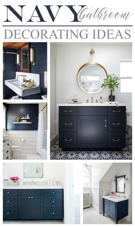 Popular Navy Bathroom Decorating Ideas with Blue Walls and Vanities. Pin to your favorite bathroom board and use as inspiration for upcoming makeover projects! #navy #navypaint #navyvanity #vanity #bathroomvanity #bathroomideas #bluebathroom Navy Blue Bathroom Walls, Navy Blue Bathroom Decor, Bathroom Colors Blue, Navy Vanity, Navy Bathroom Decor, Blue Bathroom Walls, Dark Blue Bathrooms, Makeover Kamar Mandi, Light Blue Bathroom