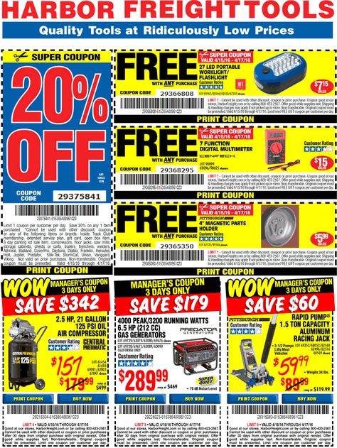 Pinned April 15th: 20% off a single item & more at Harbor #Freight Tools or online via promo code 29375841 #coupon via The #Coupons App Dennys Coupons, Harbor Freight Tools, Harbor Freight, Coupon Apps, Shopping Coupons, Reno Ideas, Print Coupons, Shopping Deals, Free Coupons