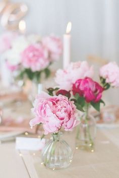 Peonies Wedding Table, Tea Party Tablescape, Wedding Table Pink, Ftd Flowers, Flowers In Vases, Miss K, Small Glass Vases, Party Tablescapes, Peony Wedding