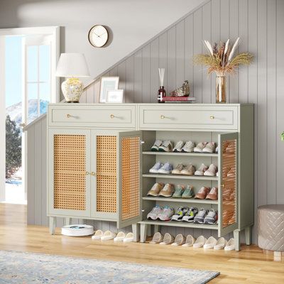 【Multifunctional Design】: Revitalize your home with our versatile shoe cabinet. Offering extensive storage options across four tiers, two doors, and an extra drawer, this shoe storage cabinet suits all your shoe storage needs. But its utility goes beyond shoes - it's ideal for organizing bags, umbrellas, scarves, and other household items, adding a touch of neatness and functionality to any entryway, living room, or bedroom. | Bayou Breeze Pair Shoe Storage 43.7 H x 31.49 W x 15.74 D in brown / Shoe Rack Entryway Ideas, Show Storage Ideas Entryway, Storage For Shoes At Front Door, Shallow Entryway Storage, Mud Room Shoes Storage Ideas, Entrance Shoe Storage Ideas Modern, Entry Shoe Storage Ideas, Foyer Shoe Storage, Entry Way Shoe Storage Ideas