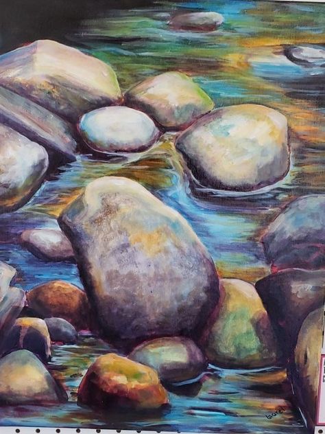 Painting Rocks On Canvas Acrylics, Stone Watercolor Painting, Rocks In Water Painting, Muted Painting, Watercolour Rocks, Watercolor Rocks, Drawing Rocks, Sea Drawing, Reflection Painting