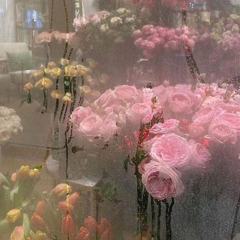 Rain Pink Aesthetic, Pink Rainy Day Aesthetic, Flowers In Rain Aesthetic, Fairycore Aesthetic Flowers, Rainy Window Flowers Wallpaper, Rainy Window, Phone Wallpaper Boho, No Rain No Flowers, Flower Window