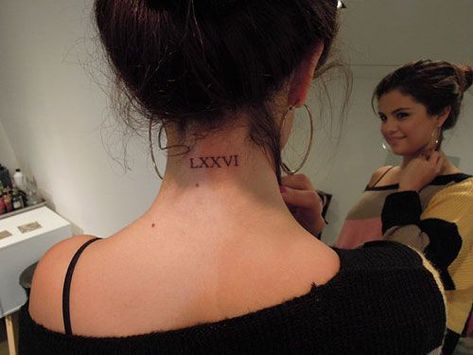 Selena Gomez- CosmopolitanUK 1976 Tattoo, Tattoo Ideas Female Neck, Small Tattoo Placement Ideas, Selena Gomez Tattoo, Nape Tattoo, Female Neck, Tattoo Placement Ideas, Places To Get Tattoos, Small Tattoo Placement