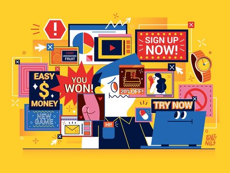 Pop Up ! by Fonzy Nils | Dribbble | Dribbble Pop Up Ads, Product Promotion, Form Builder, Target Market, Web Magazine, Illustration Inspiration, Flat Illustration, Illustration Character Design, Show And Tell