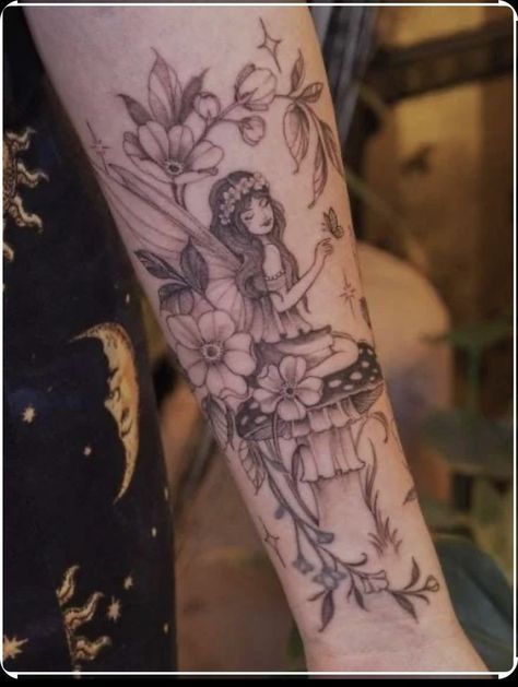 Fairy Memorial Tattoo, Flowers And Fairies Tattoo, Fairy Tattoo With Flowers, Reading Fairy Tattoo, Fairy Sleeve Tattoos For Women, Fairy Half Sleeve Tattoo, Fairy Garden Tattoo Leg Sleeve, Flower Fairy Tattoo Designs, Black And White Fairy Tattoo