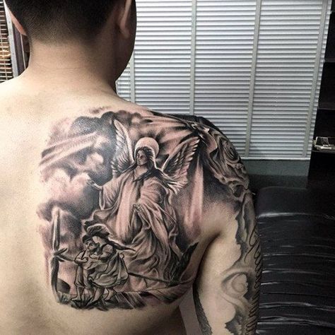 Angel Tattoo Ideas, Angel Back Tattoo, Beautiful Angel Tattoos, Wing Tattoo Men, Black Men Tattoos, Patriotic Tattoos, Angel Tattoos, Wing Tattoo Designs, Angel Wings Tattoo