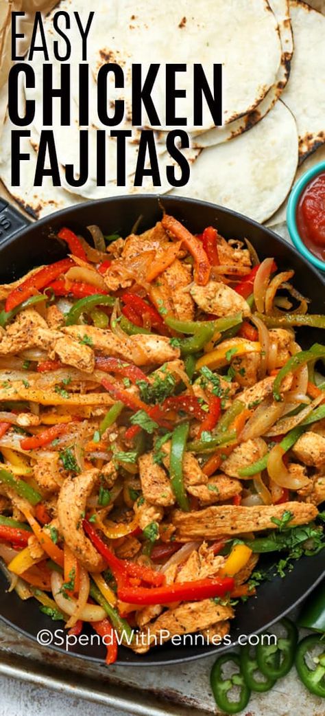 Easy Chicken Fajitas are one of our all time favorite dinners. Tender juicy chicken breasts, fresh crisp peppers and sweet onions tossed in an easy homemade seasoning and piled high in tortillas. #spendwithpennies #easychickenfajitas #chickenfajitasrecipe #easyrecipe #chickenmarinade #ovenrecipe #easychickenrecipe #weeknightrecipe Easy Chicken Fajitas, Easy Weekday Meals, Sweet Onions, Chicken Fajita Recipe, Fajita Recipe, Fajita Seasoning, Chicken Fajitas, Idee Pasto Sano, Tikka Masala