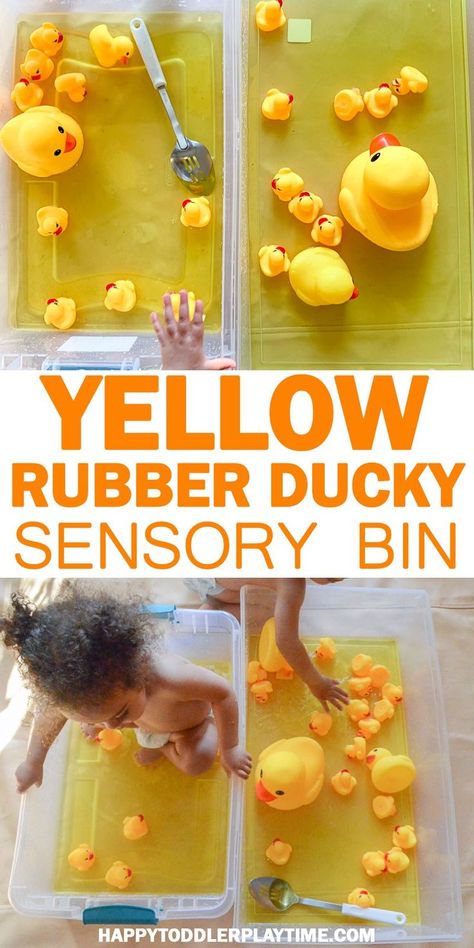 Yellow Rubber Ducky Sensory Bin | HAPPY TODDLER PLAYTIME Colour sensory bins for toddlers are a fabulous way to introduce and teach colours.  Here is a great idea to help introduce your toddler to the colour yellow using a toy they probably see everyday - their rubber duck! #toddler #sensoryplay #preschoolactivities Color Yellow Crafts For Toddlers, Yellow Colour Activity For Preschool, Color Yellow Activities For Preschool, Colour Activities For Toddlers, Ducks Preschool, Yellow Activities, Lil James, Sensory Bins For Toddlers, Stimulating Activities