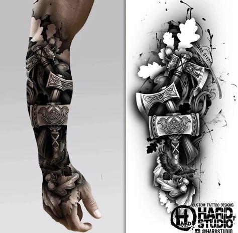 Viking Upper Arm Tattoo, Viking Tattoo Sleeve Norse Mythology, Viking Arm Tattoo For Men, Viking Tattoo Ideas Norse Mythology, Viking Tattoos For Men, Traditional Viking Tattoos, Voll Arm-tattoos, Viking Warrior Tattoos, Warrior Tattoo Sleeve