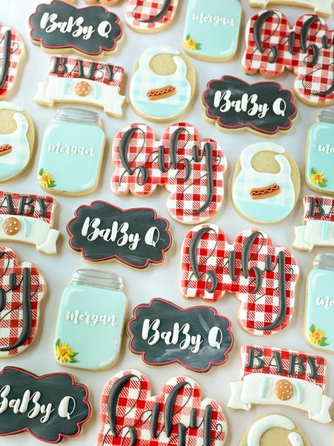 Neutral Bbq Decor, Girl Bbq Baby Shower Ideas, Babyque Cookies, Bbq Themed Gender Reveal, Gender Reveal Ideas Bbq, Gender Reveal Ideas For Party Theme Bbq, Babyque Shower Ideas Boy, Babycue Ideas, Bbq Theme Cookies