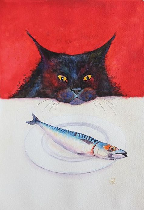 Cats And Fish, Fish Supper, Painting Funny, Black Cat Painting, Funny Paintings, Collage Wall, Buy Original Art, Art Collage Wall, Limited Edition Art Print