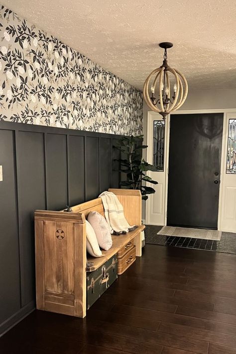 Board And Batten Foyer, Add Board And Batten, Wallpapered Entryway, Dining Room Accent Wall, Room Accent Wall, Mudroom Decor, Board And Batten Wall, Dark Days, Home Entrance Decor