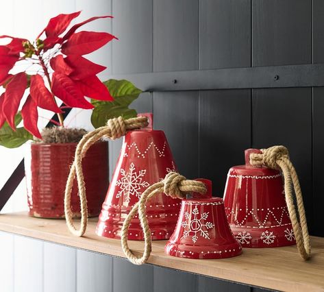 Ring in the holidays with these handmade iron bells, painted a festive red and decorated with delicate white snowflakes. Pottery Barn Christmas Decor, Pottery Barn Christmas, Decor Pottery, Decorative Pottery, Holiday Stockings, White Snowflake, Christmas Bells, Christmas Inspiration, Winter Decor