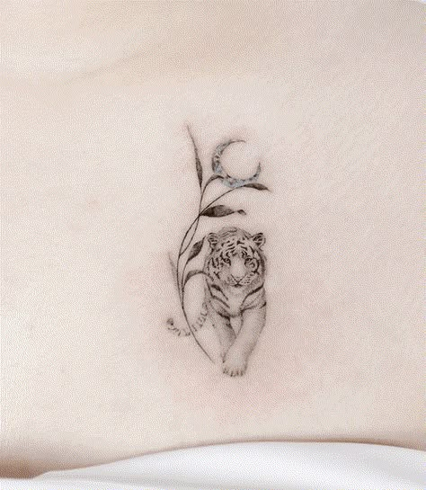 Small Big Cat Tattoo, Simple Tiger Tattoo For Women, Tiger Neck Tattoo For Women, Japanese Tiger Tattoo Women, Wild Cat Tattoo For Women, Small White Tiger Tattoo, Minimal Tiger Tattoo For Women, Tattoos Of Tigers, Happy Tiger Tattoo