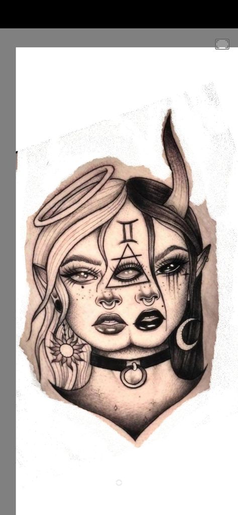 Gorgon Sisters Tattoo, Dark Gemini Tattoo, Gemini Tattoo Stencil, Gemini Tattoo Twins, Female Devil Tattoo, Gemini Goddess Tattoo, Gemini Tattoos For Women, Gemini Twins Tattoo, Devil And Angel Tattoo