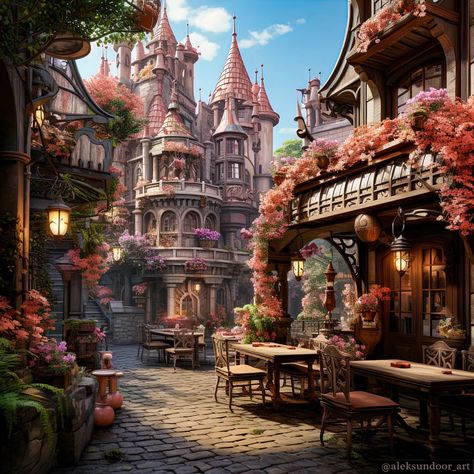 The sunlight spilled over the whimsical rooftops of the fairy city, catching in the dew-kissed petals of the glowbell flowers and casting a… | Instagram Fantasy Town Concept Art, Castle Illustration, Wattpad Background, Fantasy Village, Fantasy Town, Instagram Background, Home Decor Sets, Round Art, Ocean Wallpaper