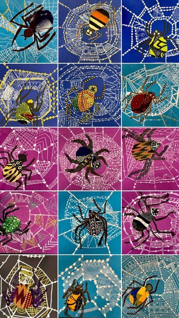 Lauralee Chambers🌀 on Instagram: "I forgot to share these amazing webs and beautiful kente cloth spiders, inspired by the African folktale from Ghana about Anansi the spider by Gerald McDermott. Lots of learning, lots of art elements and skills. #spiderart #spiderartwork #folktale #artandculture #artelements #fourthgradeart" 1st Grade Texture Art Projects, Art Projects For Upper Elementary, African Art Lesson, Art Skills Ideas, Line Art Activities, Spider Art Project, Anansi The Spider Art, Animal Art Lessons Elementary, K 5 Art Lessons