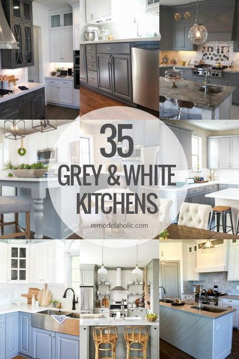 Grey Vs White Kitchen Cabinets, Grey Kitchen Cabinets And Backsplash, Backsplash For White Cabinets And White Counters, Gray Kitchen Cabinets With White Quartz, Light Grey Kitchen Cabinets With White Quartz Countertops, Kitchens Grey And White, Gray And White Kitchen Backsplash, White And Grey Farmhouse Kitchen, Coastal Kitchen Grey Cabinets