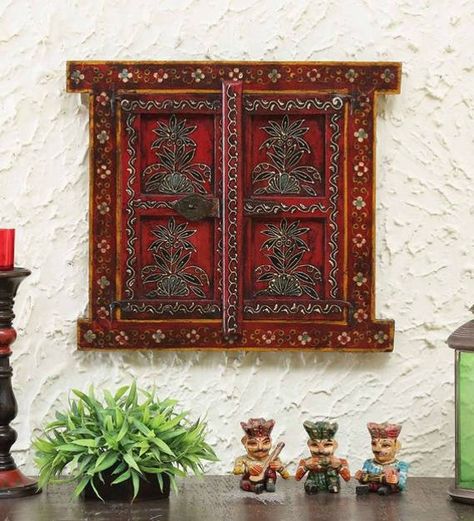 "Rajasthani Wooden Wall Hanging Red Window, Hand Carved Wooden Ethnic Jharokha, Home Decorative Indian Traditional Style, Wall Decor Wooden Art Description Size: - 18\" x 1\" x 23\" (l x w x h) approx. Condition: - new (due to hand finishing process, there may be slight variations in finish/color.) Material: - wood Color: - multicolor (all natural/vegetables colors used You will receive the same piece shown in the picture. But there may be minor variation due to camera, screen resolution setting Distressed Wood Wall, Emboss Painting, Traditional Windows, Classic Window, Antique Windows, Wooden Windows, Wooden Wall Hangings, Wood Wall Hanging, Wooden Wall Decor