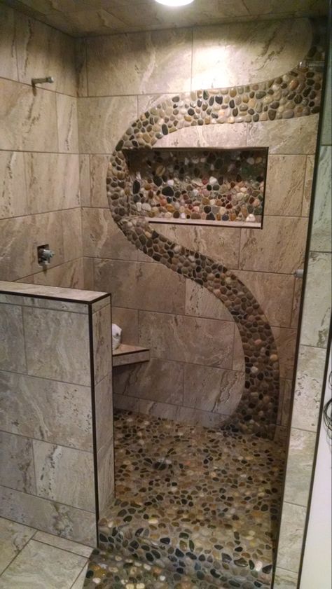 Showers With Stone Floors, Pebble Bathroom, Shower With Rock Floor Pebble Tiles, River Pebble Shower Floor, Rustic Shower Ideas Bathroom, Shower With River Rock Floor, Rock Shower Ideas, Black Rock Shower Floor, Rustic Shower Tile