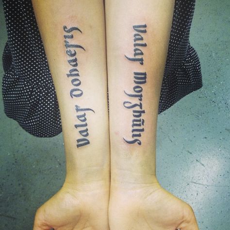 High Valyrian tattoo: Valar morghulis, valar dohaeris -- all men must die, and all men must serve Valar Morghulis Valar Dohaeris, High Valyrian, Game Of Thrones Tattoo, Tier Tattoo, Inner Forearm Tattoo, Valar Dohaeris, Inner Forearm, Valar Morghulis, Female Tattoo