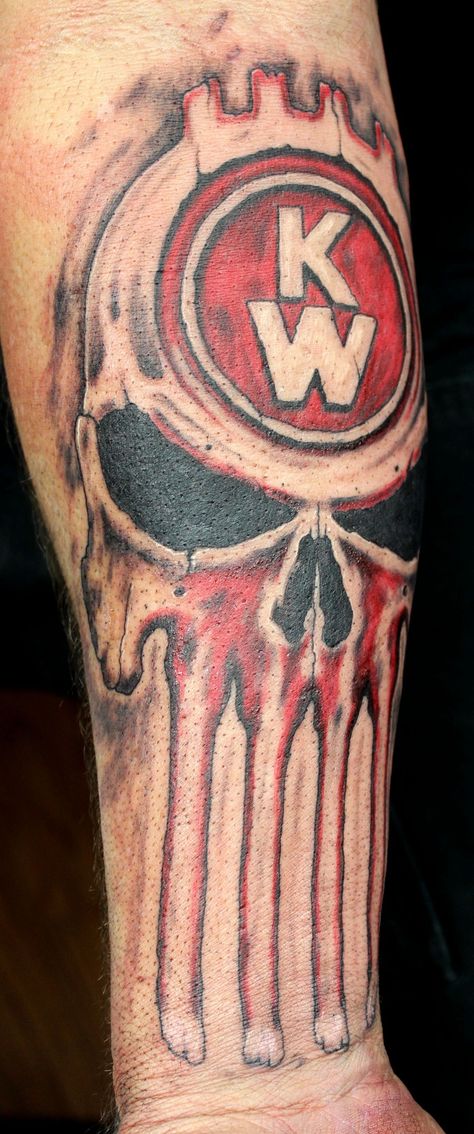 Kenworth logo punisher skull tattoo semi truck black and grey color done by Holy roller tattoo of N. Idaho Punisher Tattoo Ideas, Old Truck Tattoo, Truck Tattoo Ideas, Punisher Skull Tattoo, Fire Truck Cupcakes, Trucker Tattoo, Punisher Tattoo, Tattoo Pin Up, Bigfoot Pictures