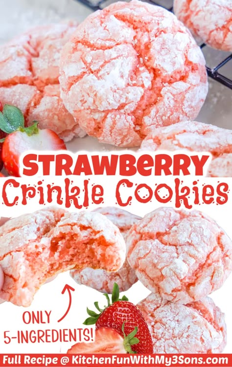 Indulge in the delightful taste of Strawberry Crinkle Cookies! This easy strawberry cookie recipe has a soft and chewy texture with a burst of sweet strawberry flavor. Perfect for Summer, these irresistible cake mix cookies are a must-try for any strawberry lover. Strawberry Crinkle Cookies, Strawberry Cool Whip, Cake Mix Crinkle Cookies, Crinkle Cookies Cake Mix, Box Strawberry Cake, Strawberry Cookie Recipe, Strawberry Cake Cookies, Strawberry Cake Mix Cookies, Jello Recipe