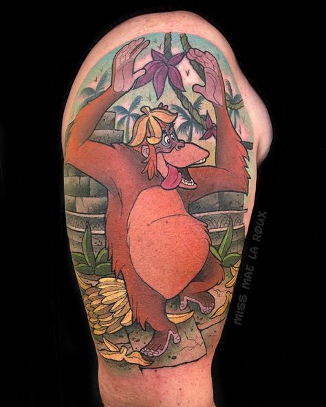 Mae La Roux on Instagram: “I just loved you so much Tony, thank you and your “wife” for being such a treat to tattoo 🍌 Only just over 6 hours for this big honkin’…” Jungle Book Tattoo, King Louie Jungle Book, Book Tattoo Ideas, I Just Love You, Book Tattoo, King Louie, Back Pieces, Disney Tattoos, Back Tattoo