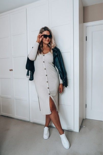 Dress And Trainers, Mollie Campsie, All Saints Leather Jacket, Trainers Outfit, Celine Sunglasses, Ribbed Dress, Ribbed Dresses, Knitted Dress, Shopping App