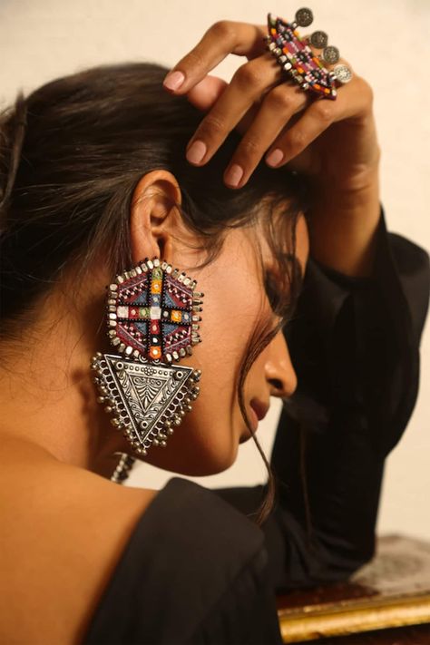 Buy Multi Color Organically Dyed Beads Banjaran Handcrafted Dangler Earrings by NakhreWaali Online at Aza Fashions. Diy Earrings Easy, Fabric Paint Diy, Dangler Earrings, Fashion Sketches Dresses, Stud Style, Jewellery Earrings, Handmade Jewelry Designs, Jhumka Earrings, Jewelry Photography